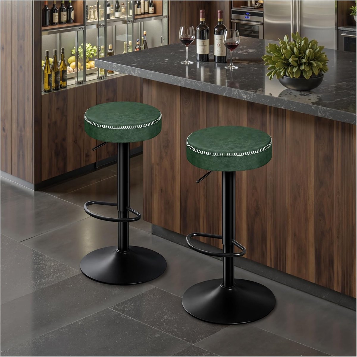 Barkruk set van 2 verstelbare ronde barstoelen 41,5x41,5x85,5 cm – microvezel leer – 360° draaibare keukenkruk zonder rugleuning met voetensteun – industrieel Groen – Altameubel
