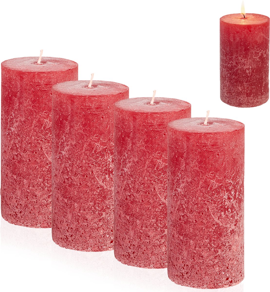 Candelo 4-delige set kaarsen Ambiente rustieke stompkaarsen – rood – grote rustieke kaars 12 cm – lange brandduur ca. 54 uur kerstkaarsen voor adventskrans
