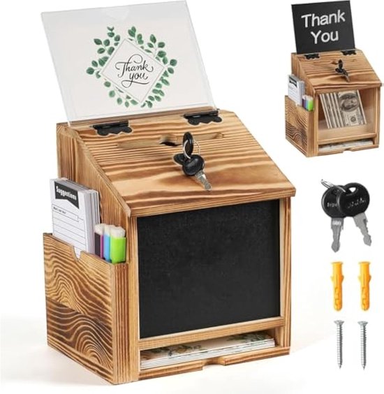 Houten suggestiedoos met slot en pen, brievenbus voor wandmontage, van Houten suggestiedoos met slot en pen, brievenbus voor wandmontage, van