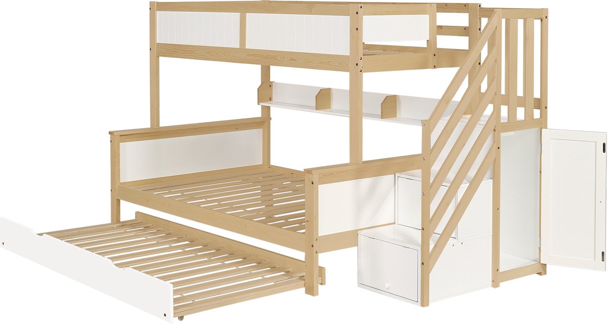 MODFU Kinderstapelbed 90x200 cm – Met uitschuifbaar bed – Kast – Hoektrap – Valbeveiliging – Wit/naturel