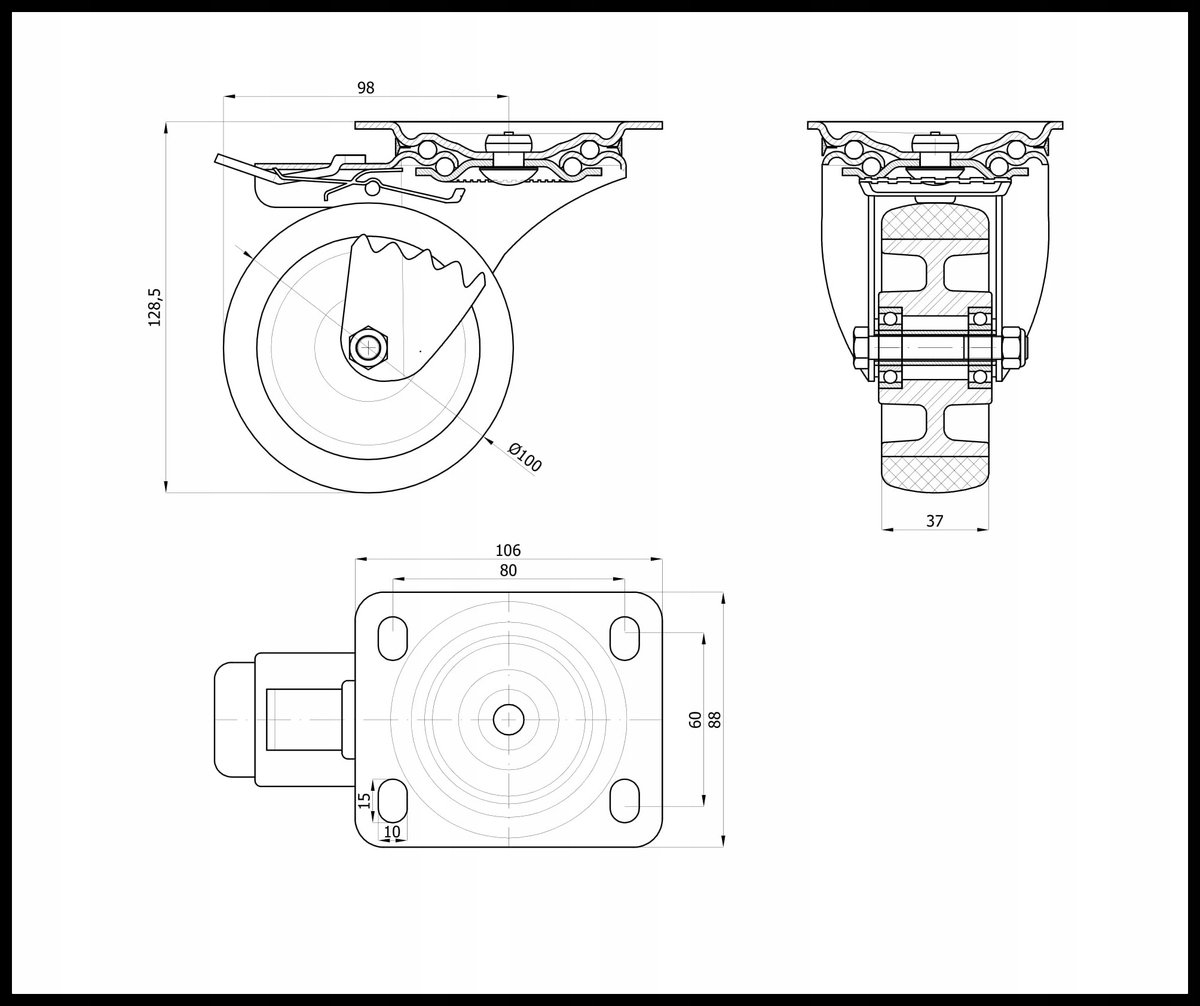 Aluminium-polyurethaan zwenkwiel met rem, 100mm