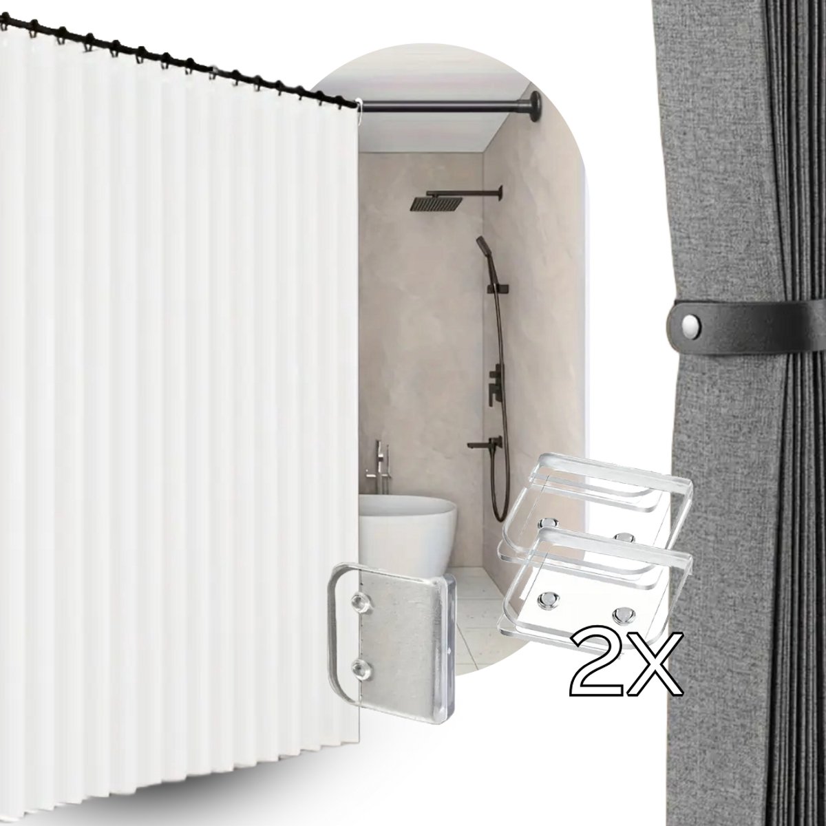 Vouw Douchegordijn 180x180 + 2x Transparante Clips | Wit | Stof | Water- & Schimmelbestendig | Anti-Plak | Modern & Strak Douche Gordijn | Bundel