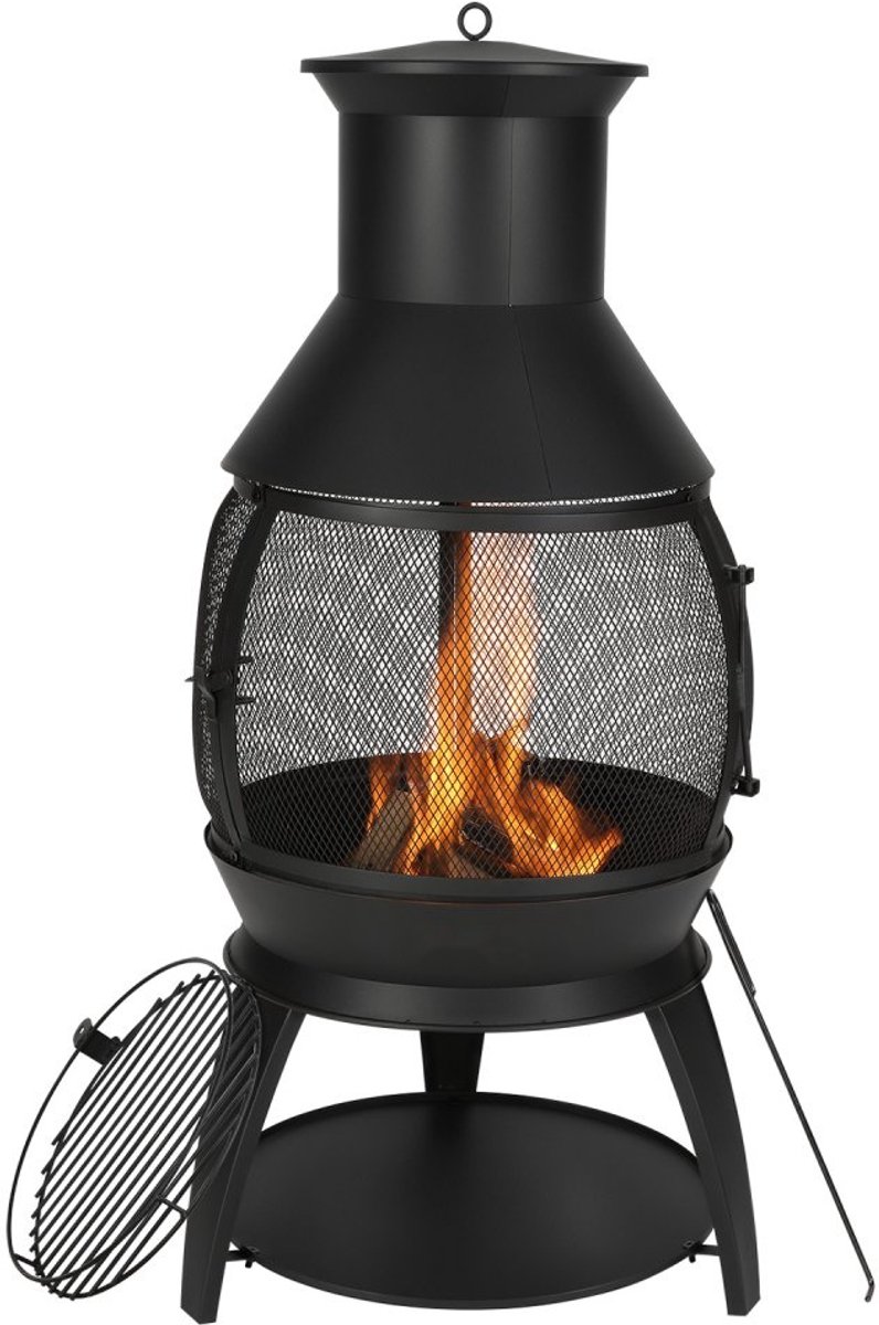 Tuinhaard - Terraskachel Chimenea Vuurkorf - Ø 50 cm x 110 cm - Met Grillrooster - IJzer - Schoorsteen met RVS Deksel