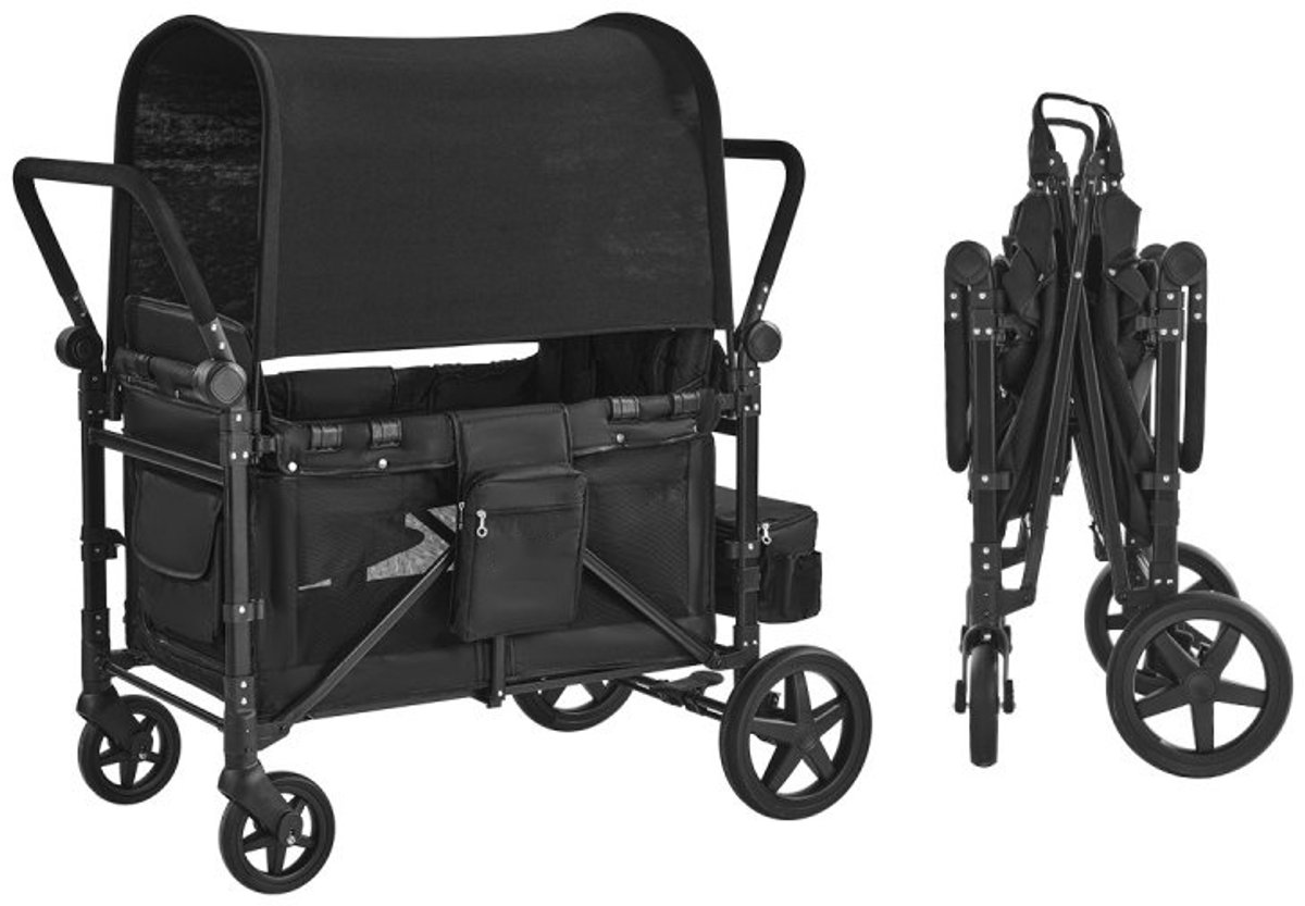 4-zits kinderwagen - Opvouwbare bolderkar - Verstelbare handgreep - Vijfpunts veiligheidsgordels - Afneembare kap - Draagkracht 150 kg - Geschikt voor kamperen - Zwart