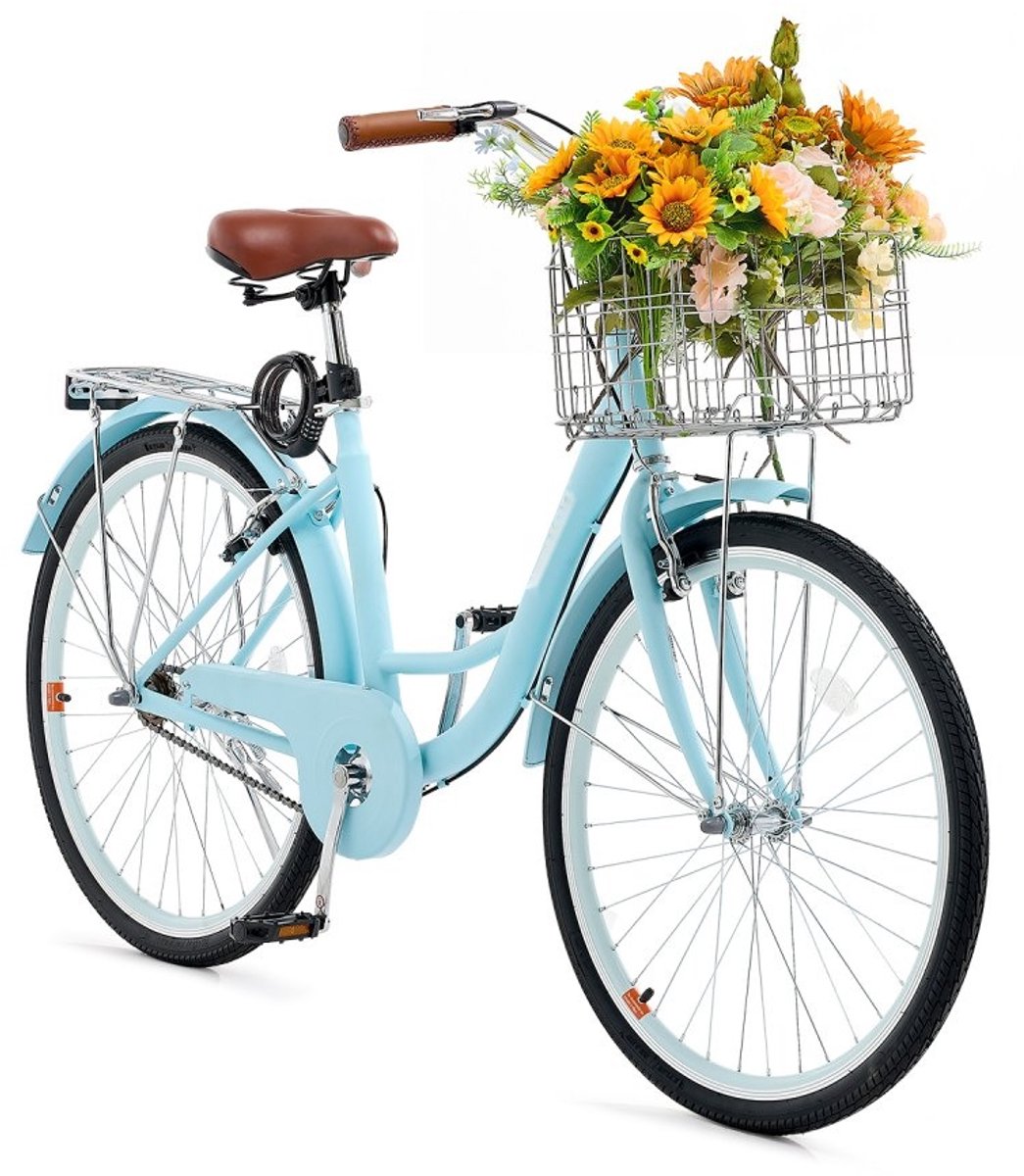 Strandfiets - Cruiser Fiets - Wielmaat 66 cm - Grote Mand Voorop - Bagagedrager Achter - Verstelbaar Zadel - Lichtblauw