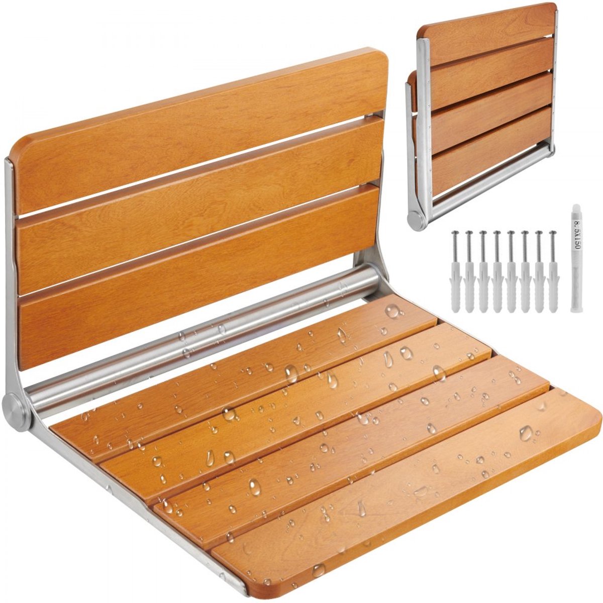 Opklapbare Douchestoel - Wandgemonteerde Douchebank - Teakhout - Draagvermogen 227 kg - Ruimtebesparend - Afmeting 53 x 40,6 x 31,8 cm