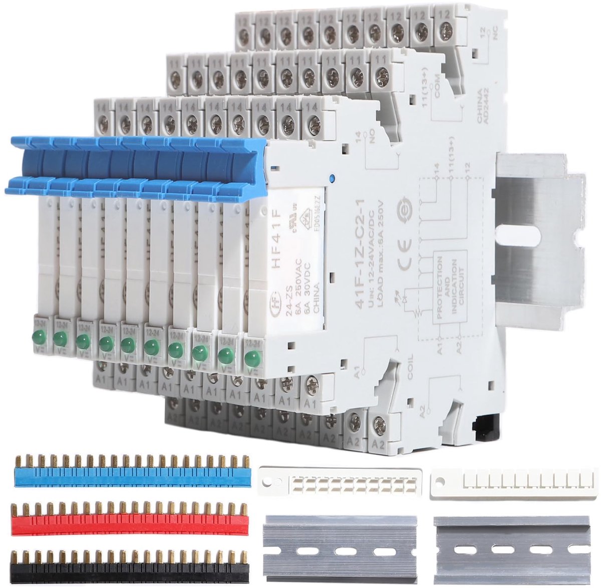 10 Miniatuur Elektromagnetische Relais - 24V Spoel - DC/AC - PLC-Signaal - HF41F/24-ZS 1 Normaal Open 1 Normaal Gesloten 6A Enkelpolig Dubbelpolig - met Jumper - Isolator - 24V Relais - Din-Railmontage