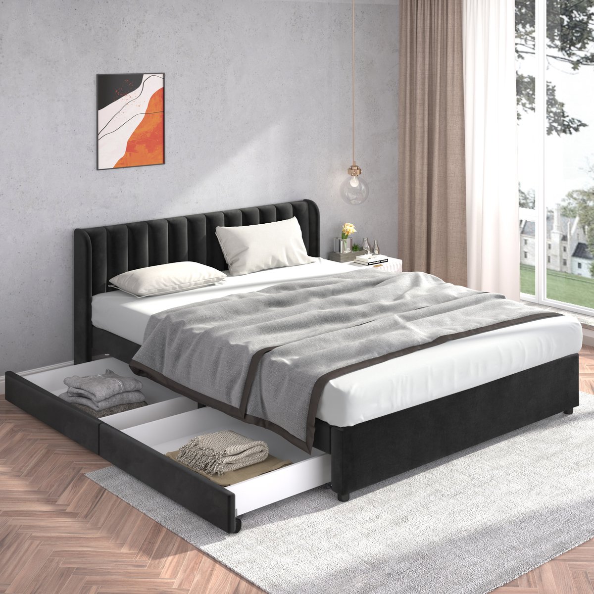 MODFU Bedframe 180x200 cm – Velvet Zwart – Met Hoog Hoofdbord, 2 Laden & Lattenbodem – Max. 300 kg – Elegant Design voor Master Bedroom – Hotelgevoel in Slaapkamer