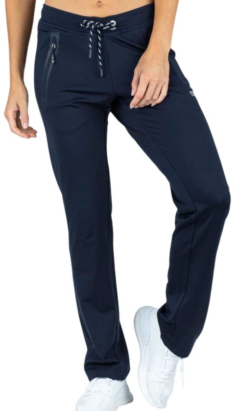 Dames, donkerblauwe, comfortabele trainingsbroek met veter-trekkoord, ritszakken en rechte pijpen.