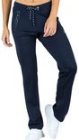 Dames, donkerblauwe, comfortabele trainingsbroek met veter-trekkoord, ritszakken en rechte pijpen.