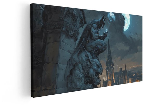 Artaza Canvas Schilderij Batman Zit op een Waterspuwer en Kijkt Naar Zijn Telefoon onder de Volle Maan - 60x30 cm - Wanddecoratie Woonkamer - Schilderijen - Muurdecoratie
