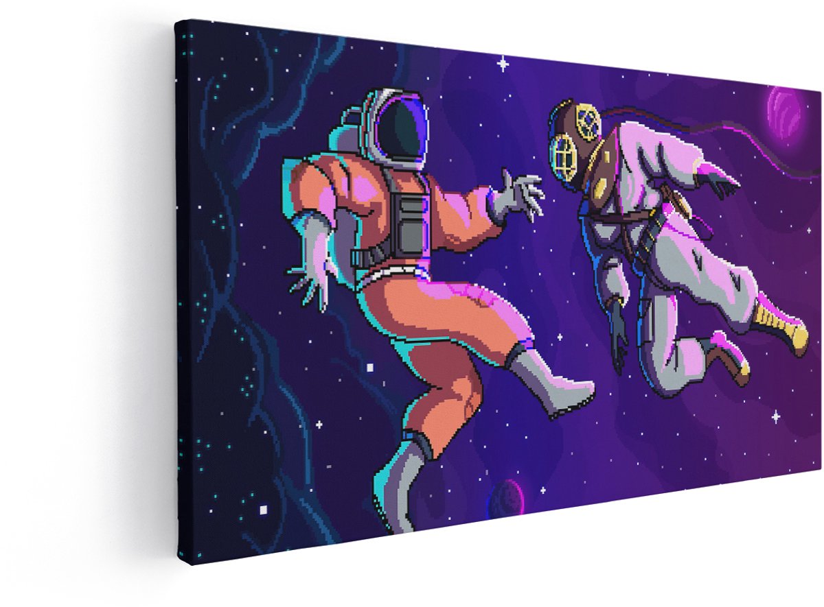 Artaza Canvas Schilderij Astronaut - 100x50 cm - Wanddecoratie Pixel Art - Muurdecoratie Ruimte - Schilderijen Gaming Jongenskamer