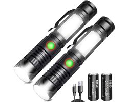 GELLDG LED-zaklampen - Set van 2 - Superhelder 2000 lumen - 2500 mAh Grote capaciteit - Oplaadbare LED-zaklamp - Multifunctionele zakzaklamp - Met magneet en COB-werklamp - Zoombare handzaklamp