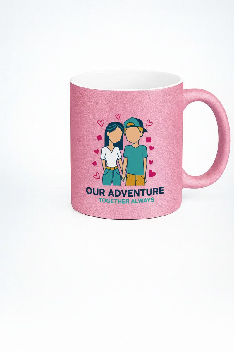 Roze Glitter Mok met Koppel Design - "Ons Avontuur Samen" Liefdes Mok