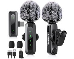 TRANSNECT - Draadloze Microfoon - 2 stuks - Microfoon Draadloos - Dasspeld Microfoon Draadloos - Microfoon Bluetooth - Lavalier Microfoon - USB-C & 8-pins ontvanger - Geschikt Voor Alle Telefoons
