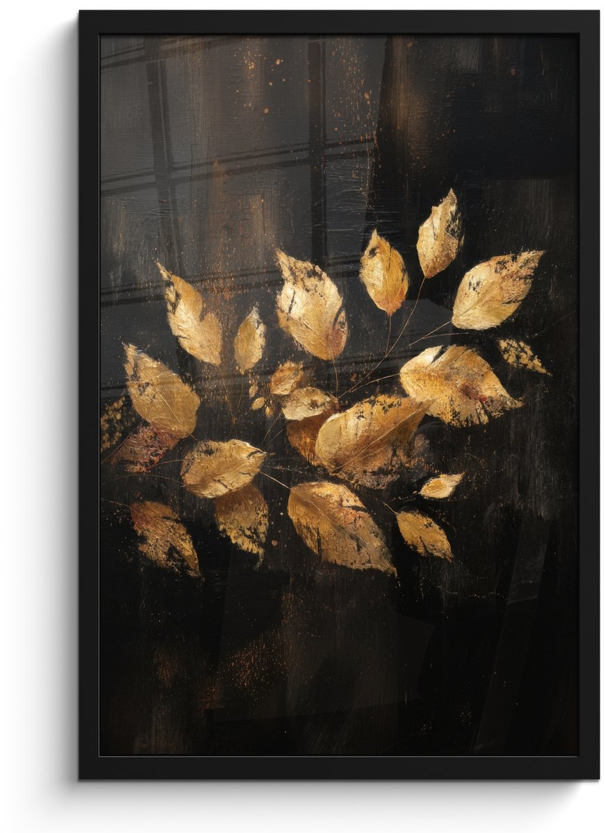 FrameYourWall Poster in lijst - Fotolijst 40x60 cm - Posters - Gouden Bladeren op Donkere Achtergrond - Posterlijst zwart - Decoratie - Wanddecoratie woonkamer - Muurdecoratie slaapkamer Bladeren - Goud