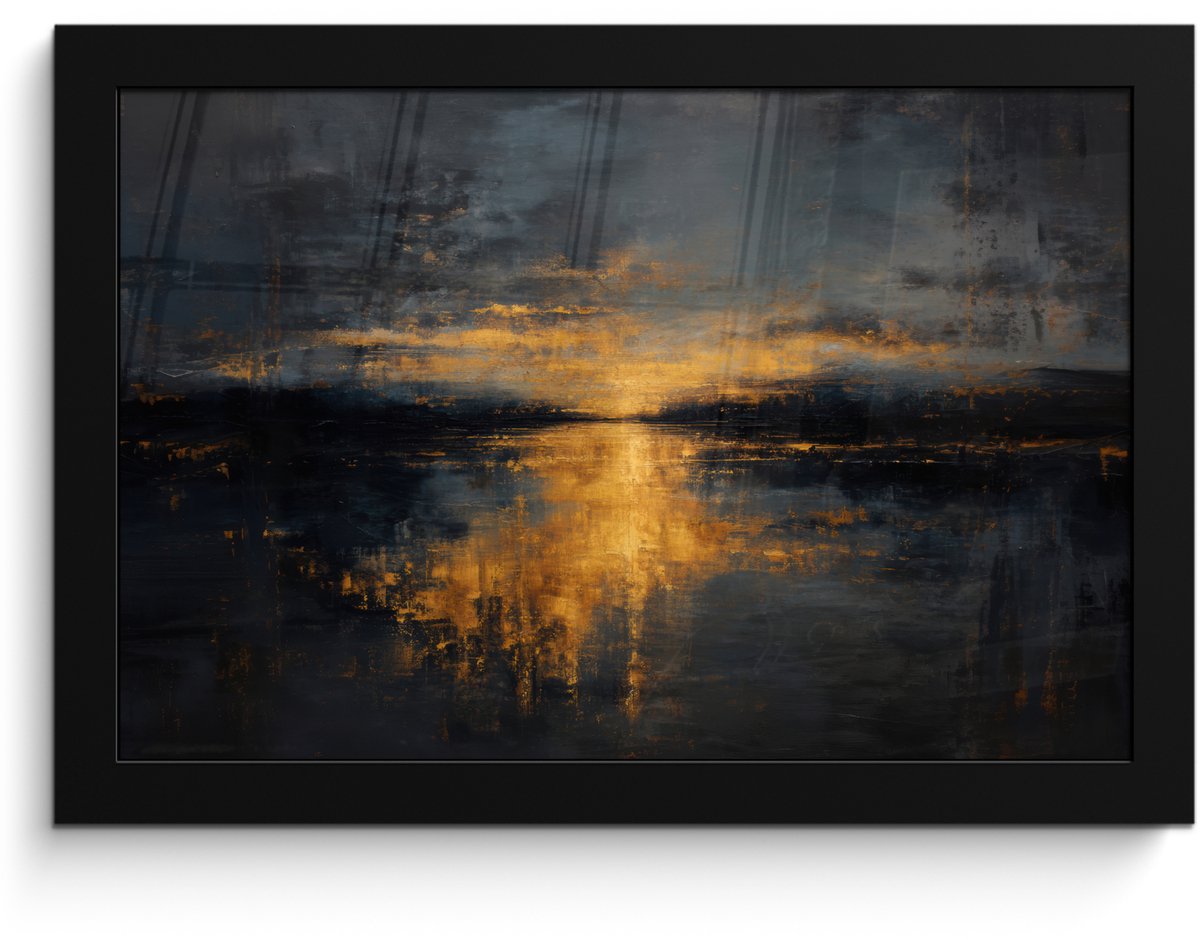 FrameYourWall Poster in lijst - Fotolijst 30x20 cm - Posters - Gouden Reflectie op Water - Posterlijst zwart - Decoratie - Wanddecoratie woonkamer - Muurdecoratie slaapkamer Water - Goud - Reflectie