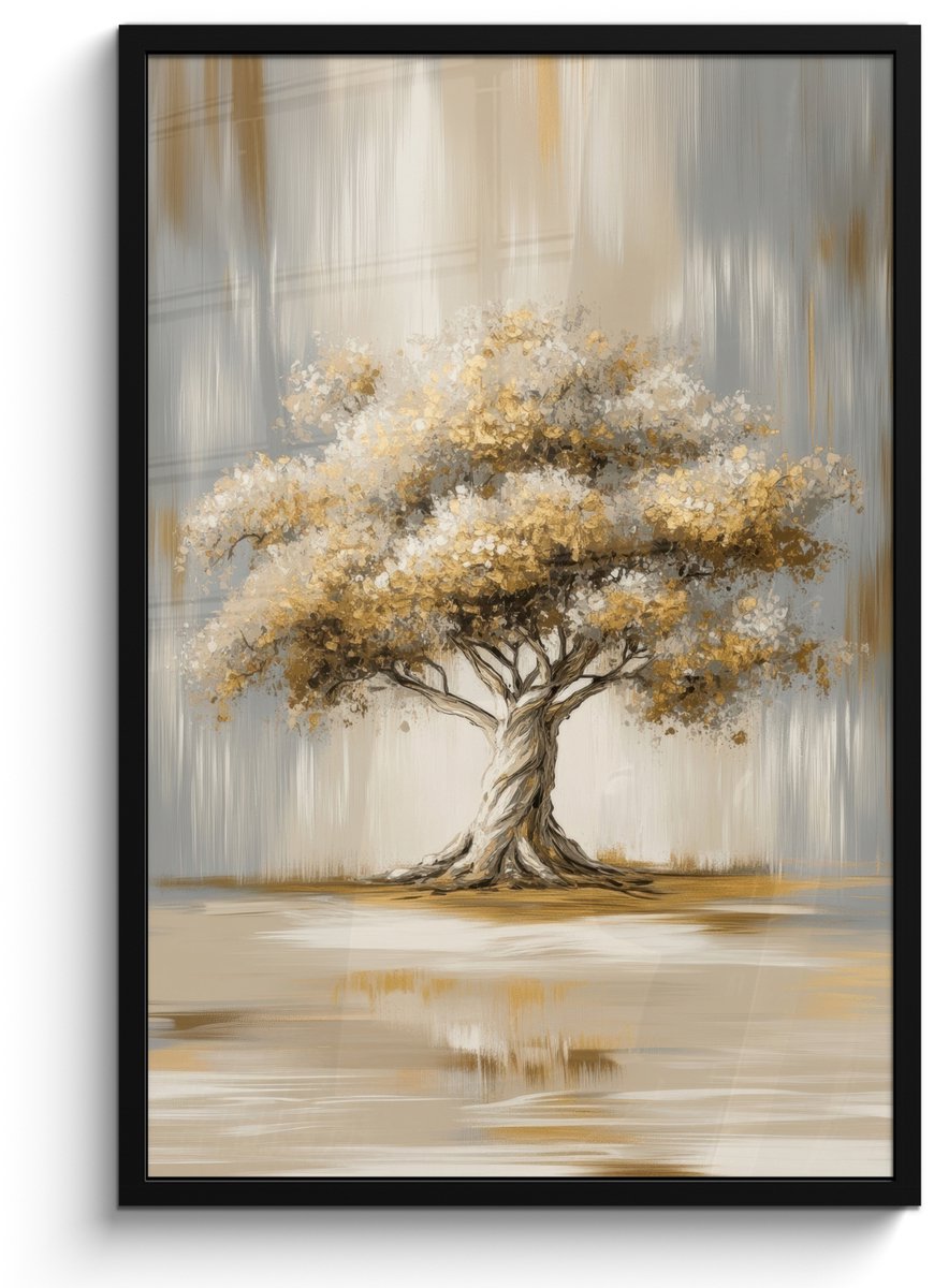 FrameYourWall Poster in lijst - Fotolijst 60x90 cm - Posters - Boom - Bladeren - Abstract - Wit - Posterlijst zwart - Decoratie - Wanddecoratie woonkamer - Muurdecoratie slaapkamer