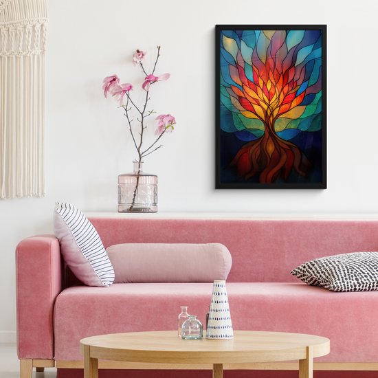 Poster in lijst - Fotolijst 40x60 cm - Posters - Sierglas - Boom - Rood - Vlakken - Posterlijst zwart - Decoratie - Wanddecoratie woonkamer - Muurdecoratie slaapkamer