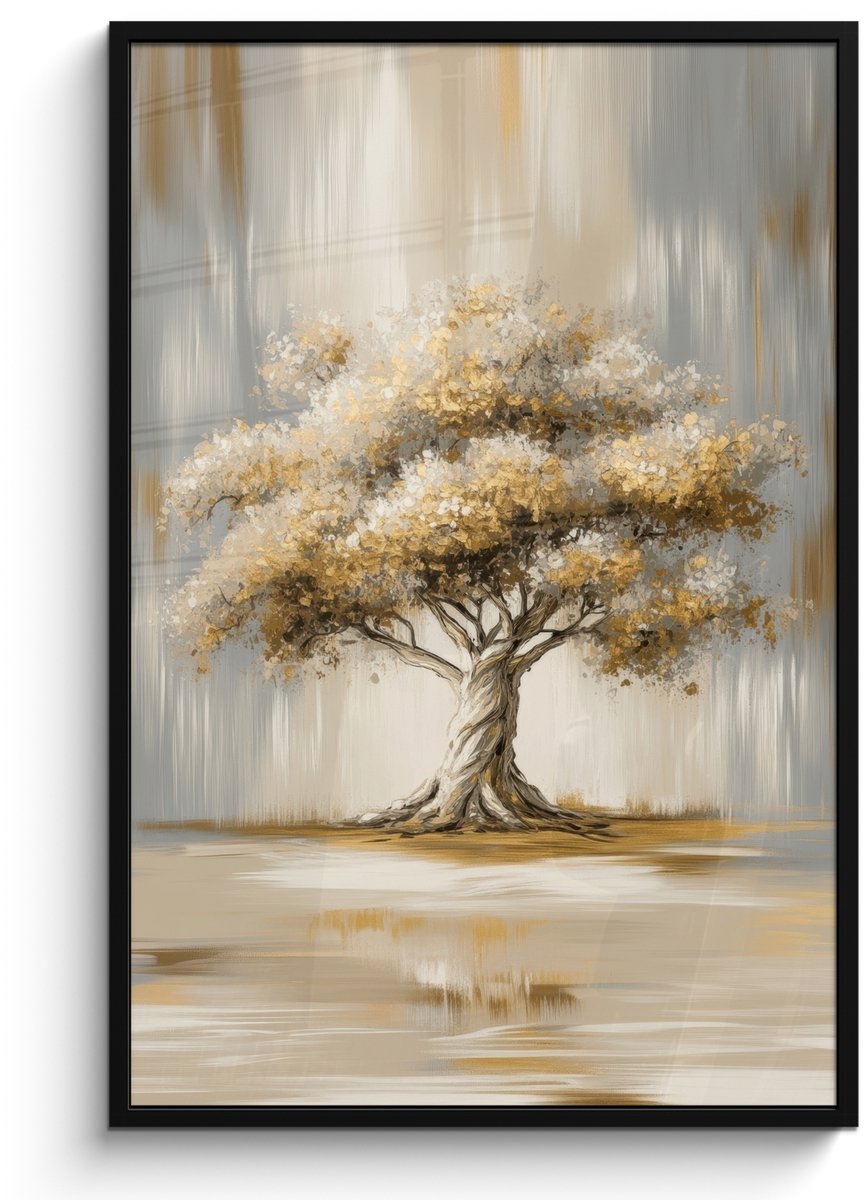 FrameYourWall Poster in lijst - Fotolijst 80x120 cm - Posters - Boom - Bladeren - Abstract - Wit - Posterlijst zwart - Decoratie - Wanddecoratie woonkamer - Muurdecoratie slaapkamer