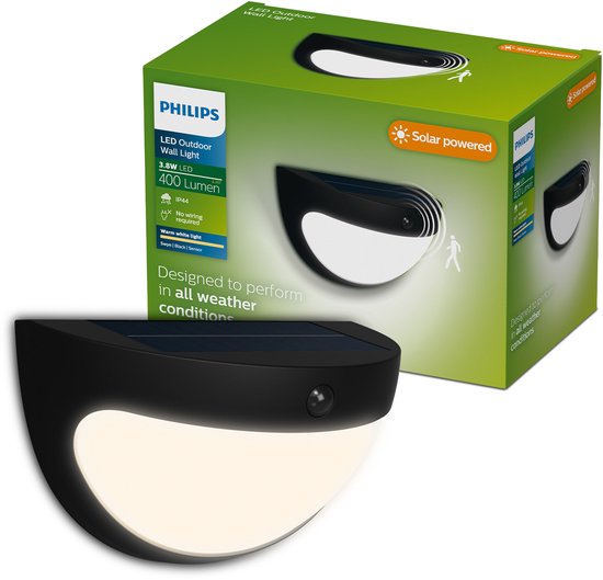 Zwarte Philips LED buitenwandlamp op zonne-energie, met warmwit licht en sensor. Inclusief verpakking.