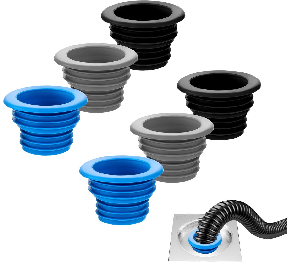 6 stuks - afvoerslang - siliconen pluggen - voor wasmachines - toiletten - badkamers - keukens en schoonmaakartikelen - zwart - grijs - blauw