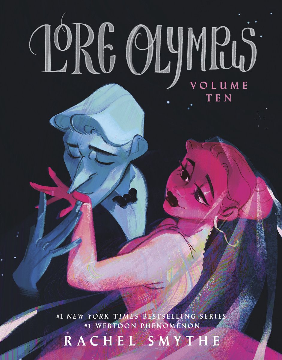 De cover van 'Lore Olympus: Volume Ten' toont Hades en Persephone in een omhelzing, met de tekst '#1 NEW YORK TIMES BESTSELLING SERIES' en 'RACHEL SMYTHE'.