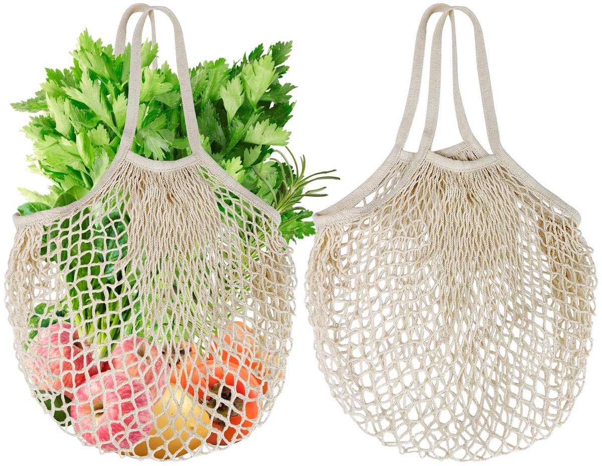 Stunq® 2 Stuks Herbruikbare Mesh Boodschappennettassen van Biologisch Katoen met Lange Handgreep – Ideaal voor Groenten & Fruit