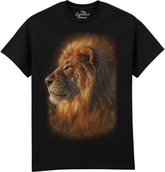 T-shirt noir avec une tête de lion de profil imprimée, aux crinière incandescente.
