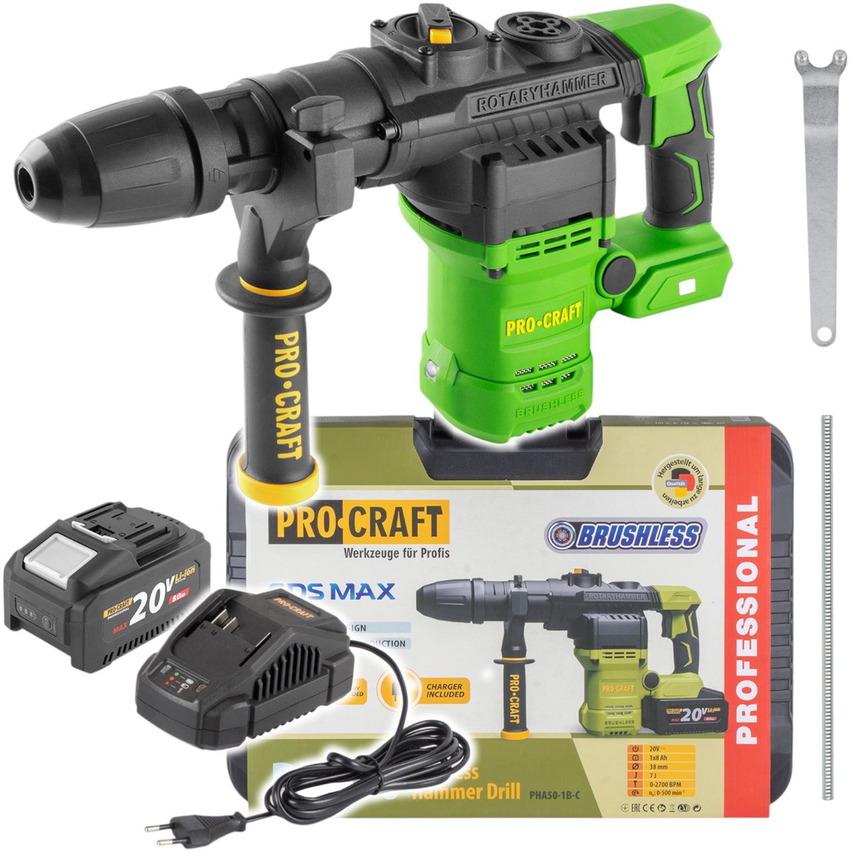Procraft PHA50-1B-C accu-boorhamer 20 V 7 J SDS max Brushless + 1x accu 8,0 Ah + oplader + koffer