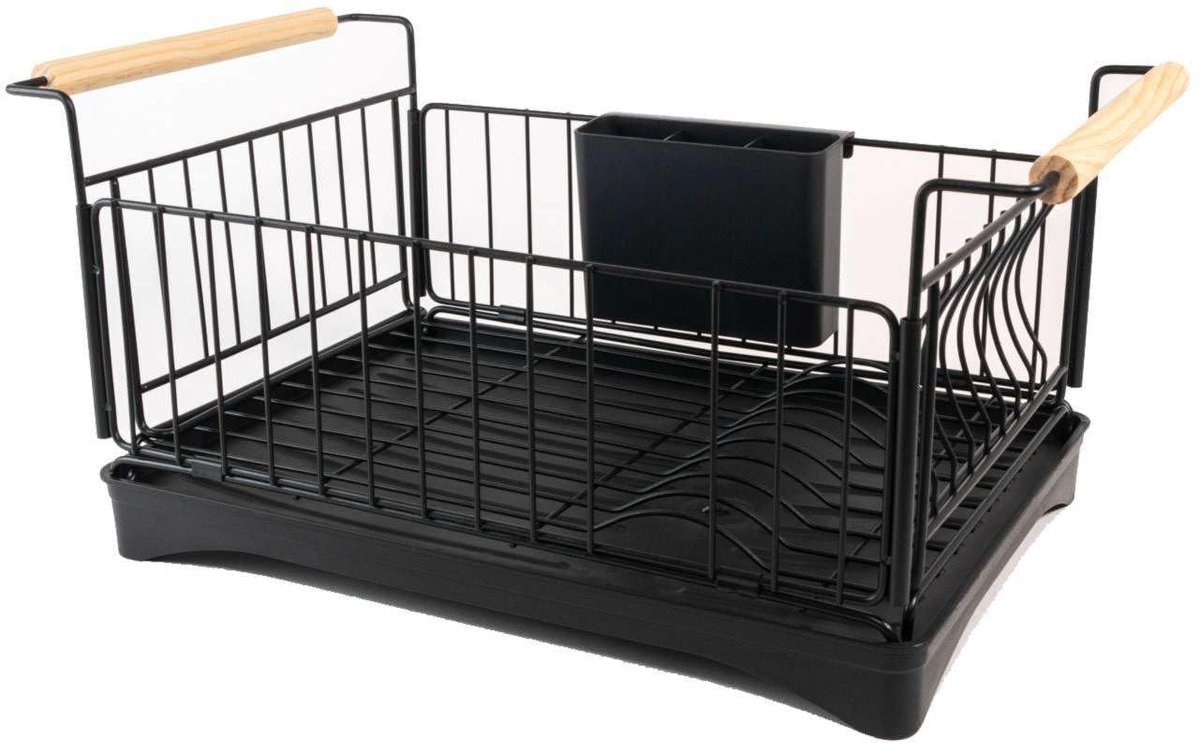 Ibenzoa® Stijlvolle zwarte afdruiprek met houten handgrepen en opvangschaal
