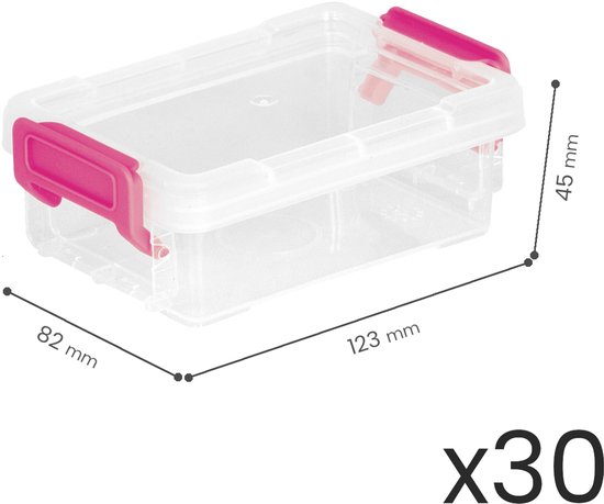 Boîte de rangement transparente avec fermoirs roses, dimensions 123x82x45 mm.