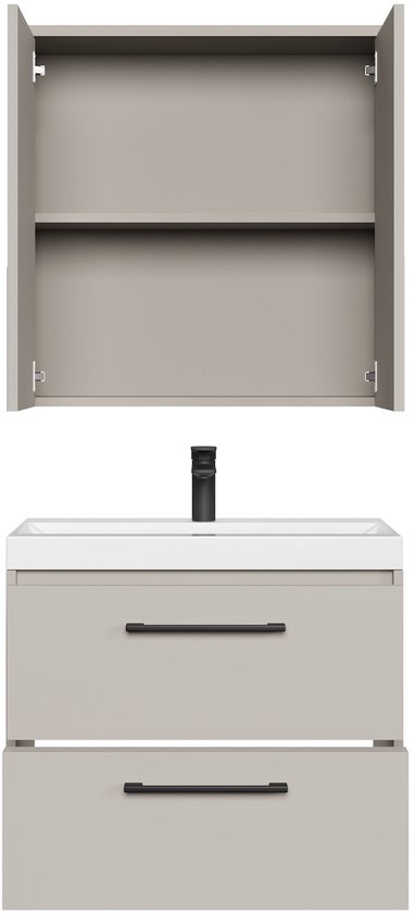 Beige wastafelmeubel met witte wasbak, zwarte kraan en open spiegelkast erboven.