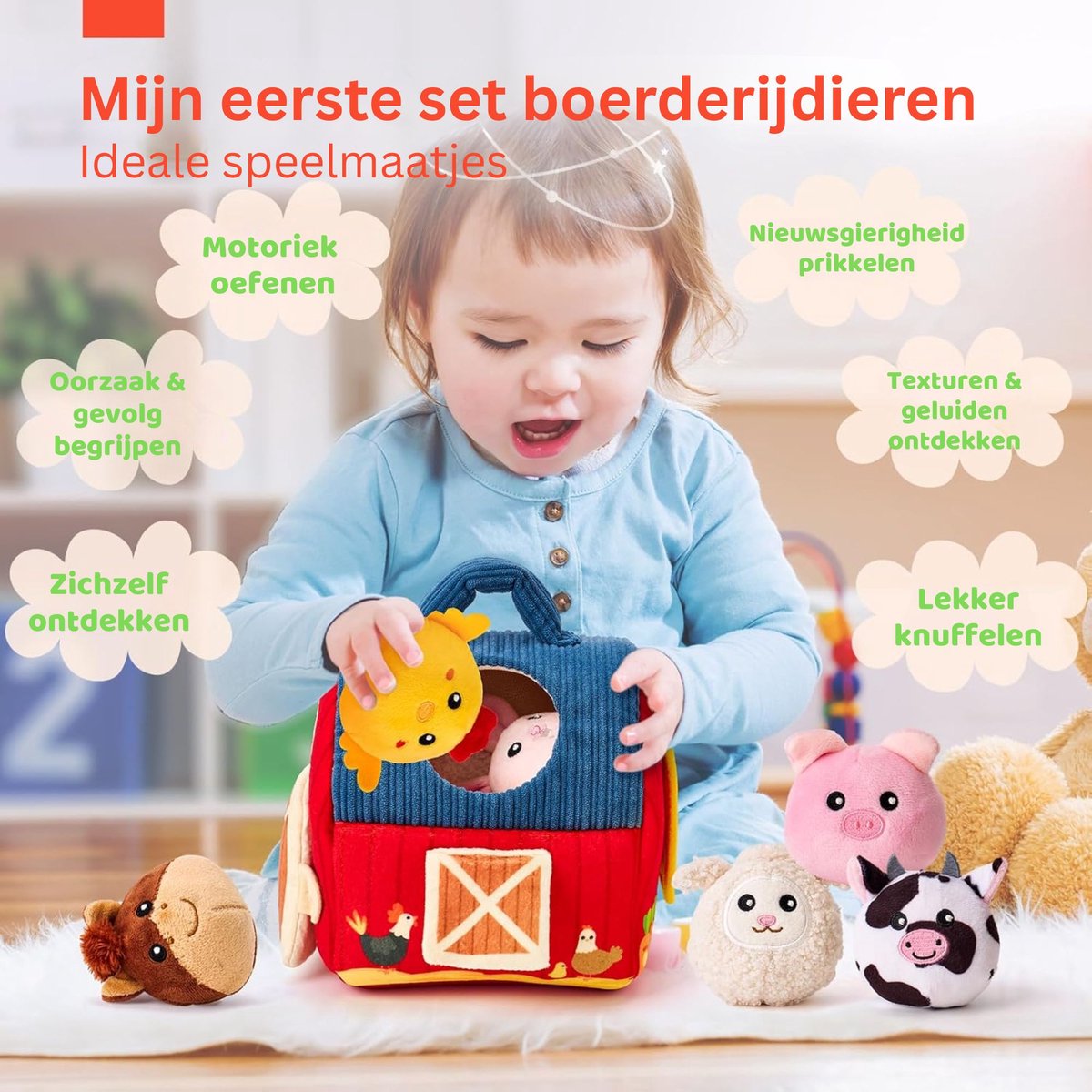 Baby Speelgoed 6-12 maanden - Sensorisch Pluche Speelgoed met Stal en 6 Dierenvriendjes - Montessori Speelgoed met Boerderijdieren - Baby Cadeau met Knuffels - Educatief speelgoed - Kinderspeelgoed 1-3 jaar — afbeelding 7