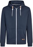 Donkerblauwe hoodie met ritssluiting, capuchon, witte veter en kangoeroezak.