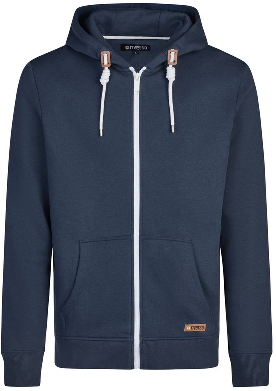 Donkerblauwe hoodie met ritssluiting, capuchon, witte veter en kangoeroezak.