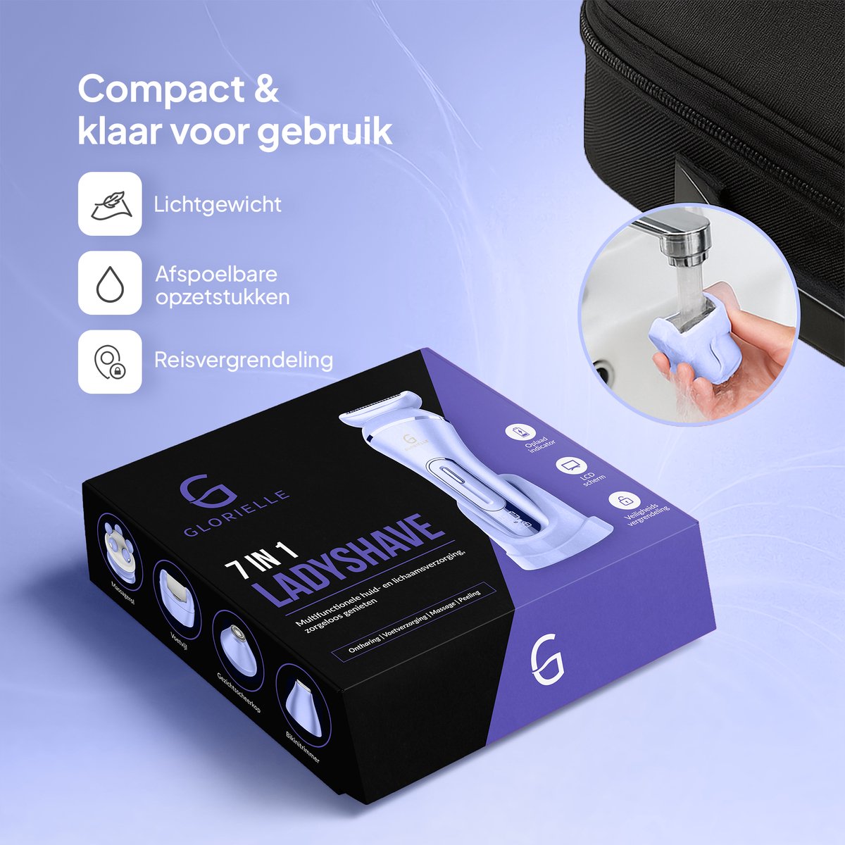 Glorielle® 7-in-1 Ladyshaves voor Vrouwen - Elektrisch Scheerapparaat - Epileerapparaat Dames - Bikini Trimmer - 7 Opzetstukken & Oplaadbaar - Schaamhaar & Gezichtsontharing - Wenkbrauw & Gezichtsepilator Vrouw - Bikinilijn & Intieme zone Scheren — afbeelding 7