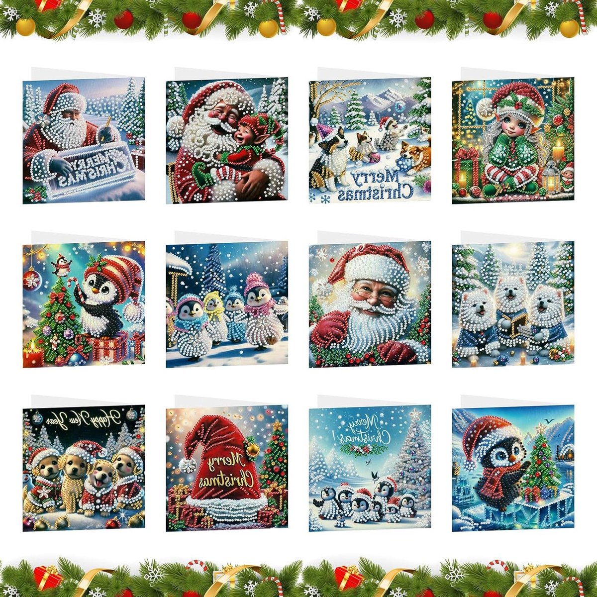 Cosensi - Kerstmis Diamant Schilderen Wenskaarten - 12 stuks - 5D - Kristal - Kerstkunst - Berichtenkaarten - Enveloppen - Gereedschap - Handgemaakte Diamanten Kunst Kits - Kerst.