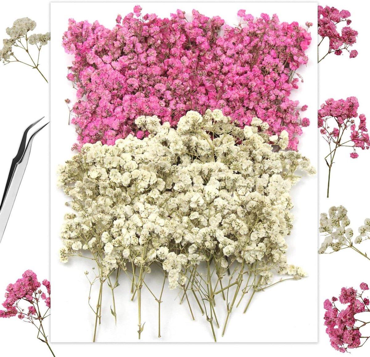 Cosensi - Gedroogde Gypsophila Bloemen Mix (120 stuks) voor Knutselen en Decoratie - Wit en Roze - Geschikt voor Kaarsen, Wenskaarten en Manicure