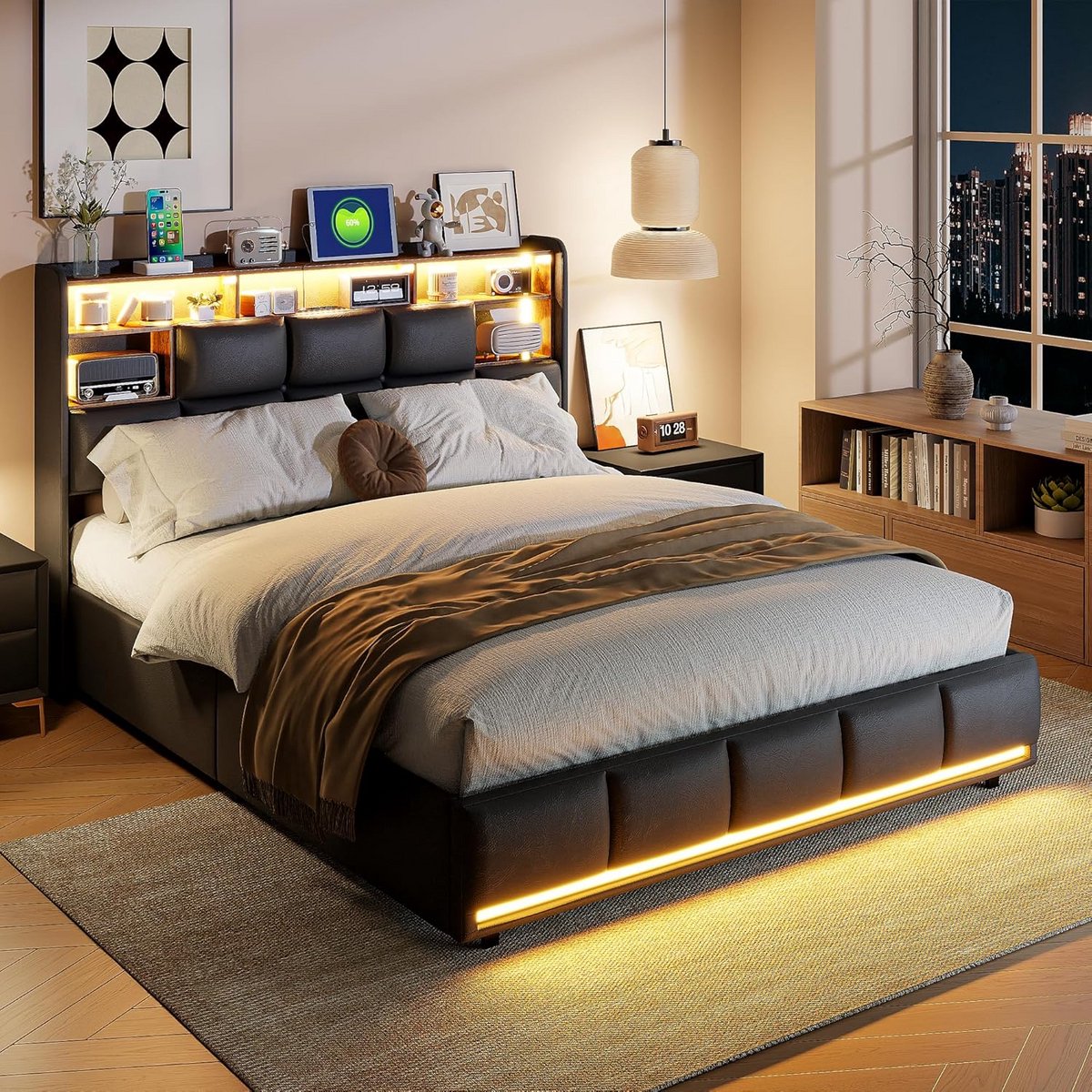Tweepersoonsbed 140x200 met Opbergruimte, Lattenbodem en USB LED Hoofdbord, Zwart PU