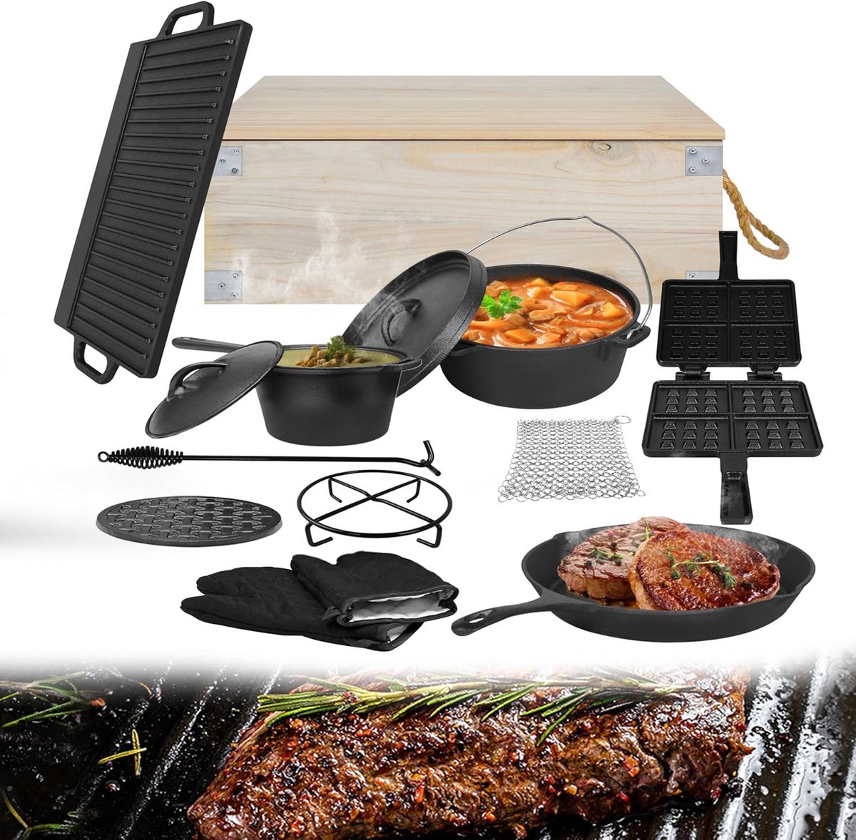 12-Delige Gietijzeren Dutch Oven Set met Accessoires en Houten Kist