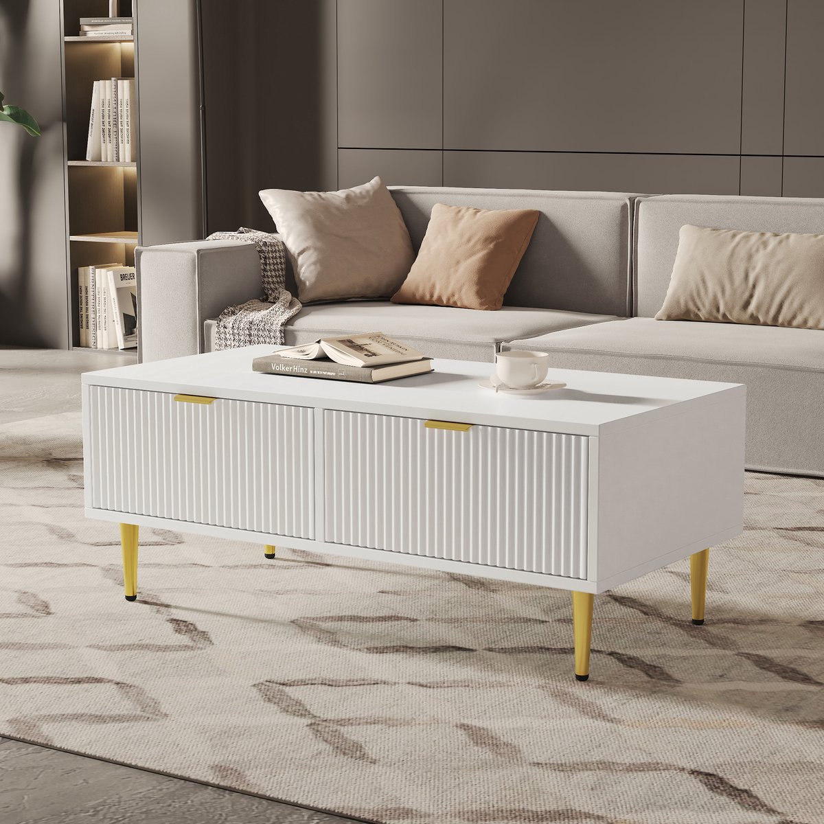 HAUSS SPOLE Salontafel - Wit Salontafel Met Gouden Accenten En Metalen Poten - 2 Laden - MDF - 100x50x40 cm - Wit/Goud - Voor Woonkamer En Zithoek