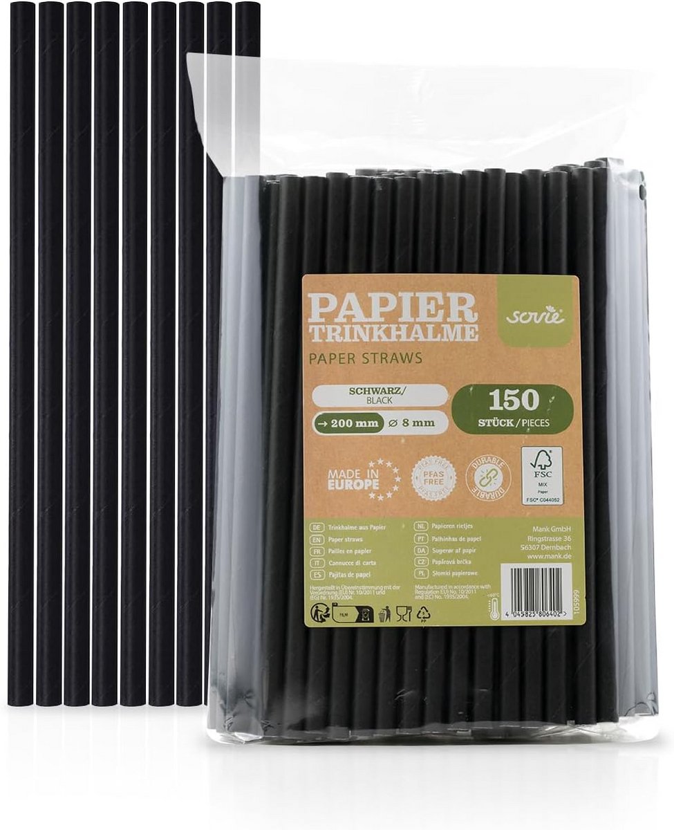 150 Zwarte Papieren Rietjes (Ø 8mm x 20cm) - Duurzaam & Biologisch Afbreekbaar Drinkriet