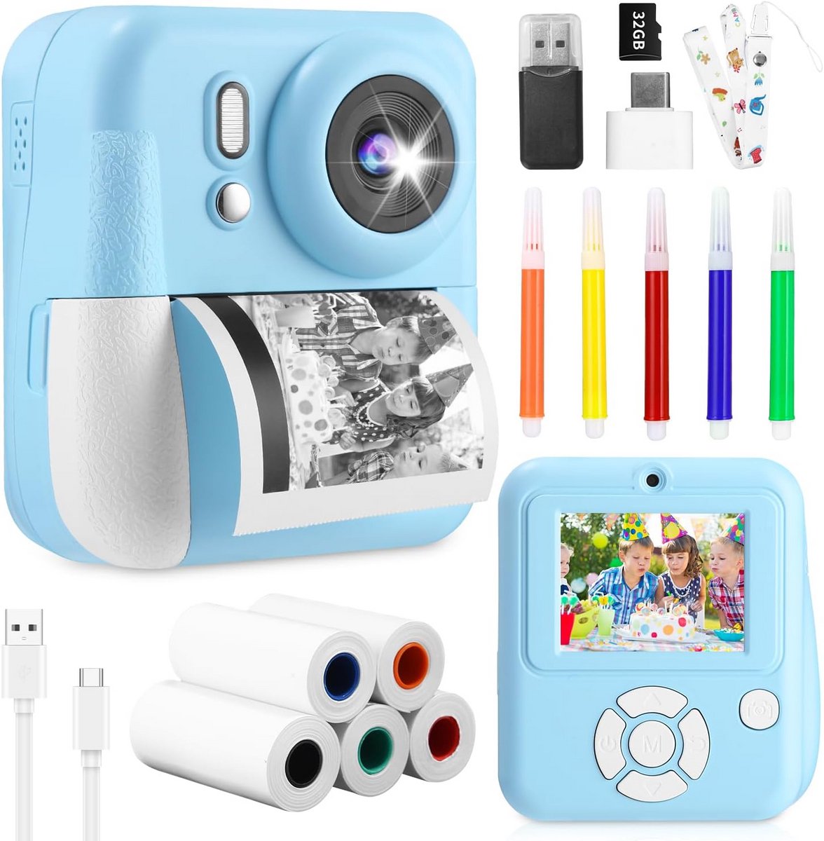 Kinder Instantcamera met Directprint en 32GB Geheugen voor Jongens en Meisjes