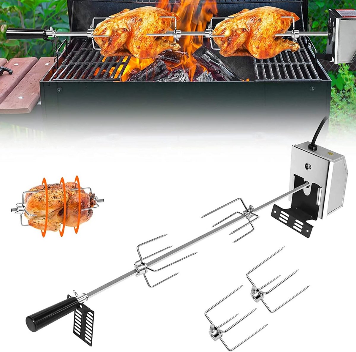 Elektrische Draaispies voor BBQ Rotisserie met Motor en Vleespennen