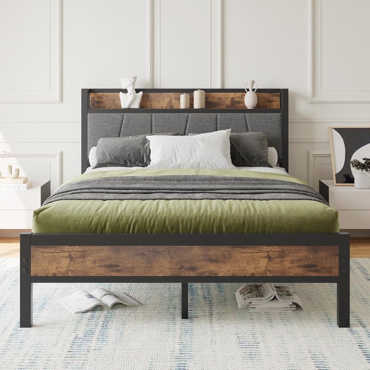 Tweepersoonsbed van hout en metaal met opbergruimte, 140 x 200 cm, modern design voor slaapkamer en logeerkamer