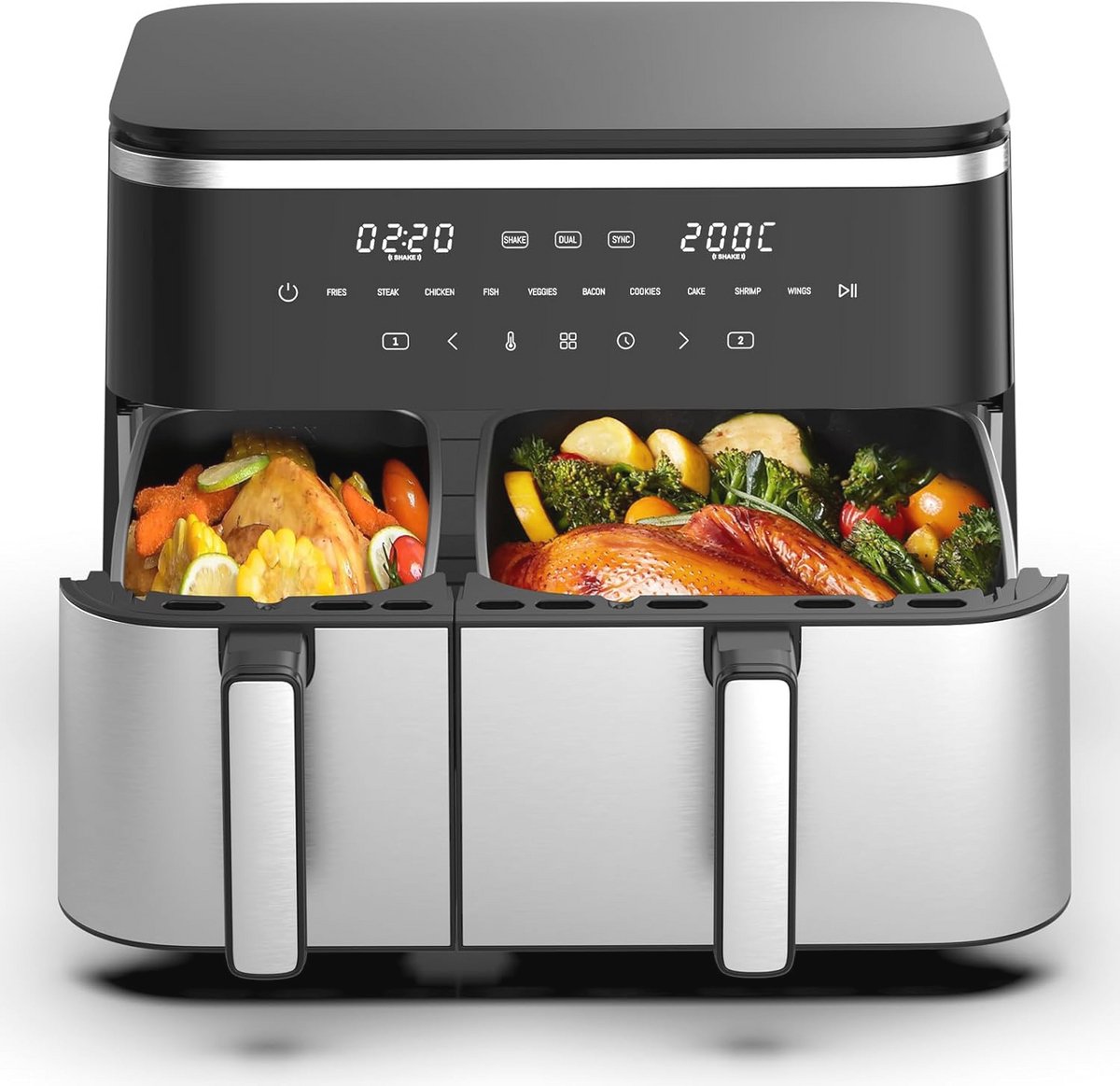 XXL Heteluchtfriteuse met Dubbele Kamer en 11 Liter Capaciteit – Airfryer met 10 Kookprogramma's en Touchscreen