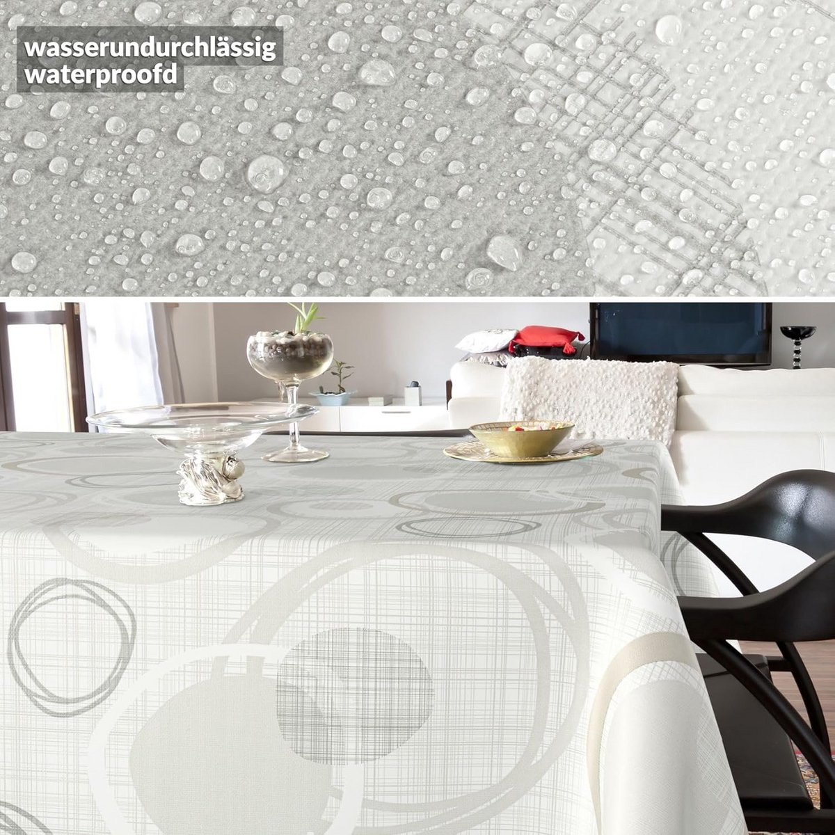 Afwasbaar Tafelzeil Op Maat - Waterafstotend Wit/Grijs Cirkels Patroon - 260x140 cm