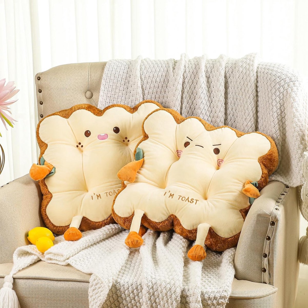 Set van 2 Pluche Toast Brood Kussens - Schattig Zitkussen voor Bank en Stoel