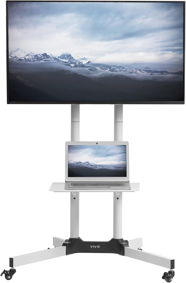 Mobiele TV Stand voor Schermen van 32 tot 83 Inch, Tot 50 kg, VESA Bevestiging Max 600x400, Met Laptop en DVD Plank, Wielen met Slot, Wit